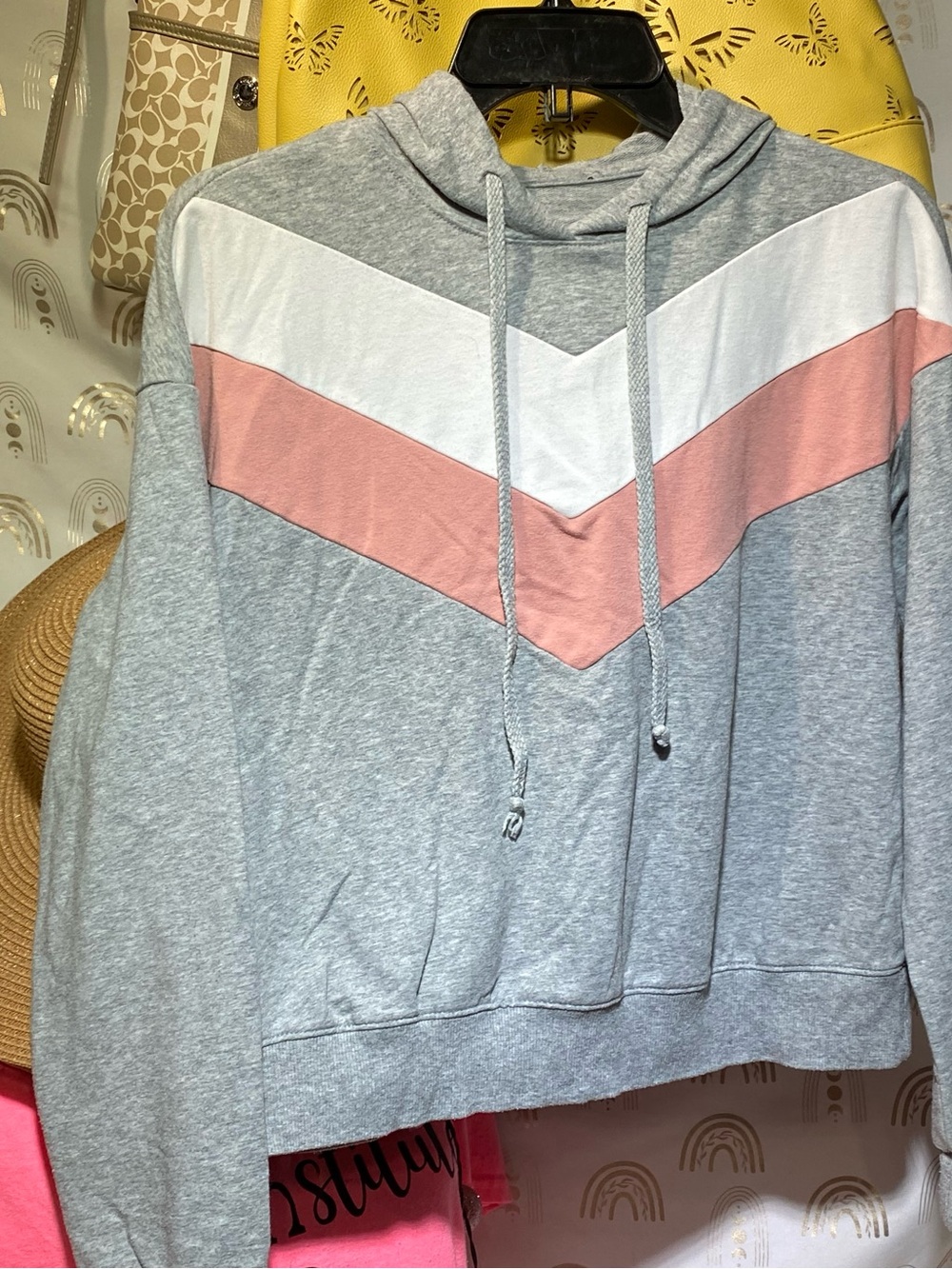 Women’s Gray Pullover Hoodie with Pink & White Chevron Accent - Picture 2 of 12